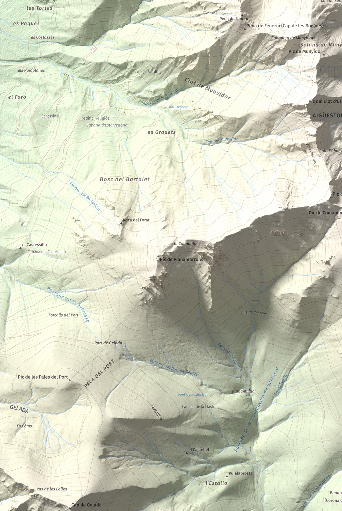 Mapa de relieve de Pic Roi, 2585 m, Alta Ribagorça, lámina 100 Cims de Trobart. Detalle de la zona inferior izquierda. 61 × 91 cm.