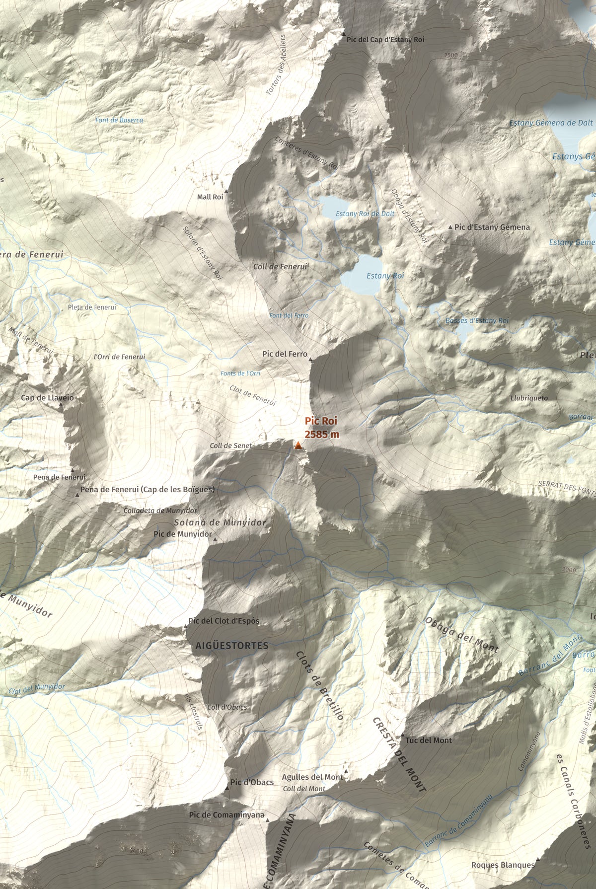 Mapa de relieve de Pic Roi, 2585 m, Alta Ribagorça, lámina 100 Cims de Trobart. Detalle de la zona central. 61 × 91 cm.