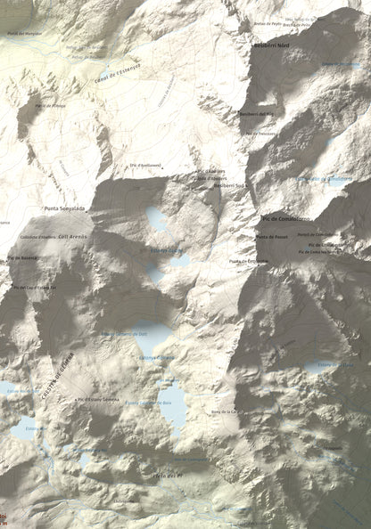 Mapa de relieve de Pic Roi, 2585 m, Alta Ribagorça, lámina 100 Cims de Trobart. Detalle de la zona superior derecha. 70 × 100 cm.