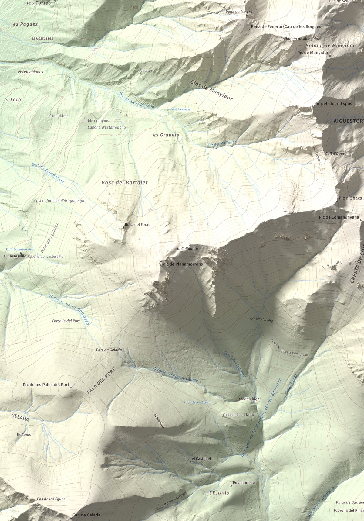 Mapa de relieve de Pic Roi, 2585 m, Alta Ribagorça, lámina 100 Cims de Trobart. Detalle de la zona inferior izquierda. 70 × 100 cm.