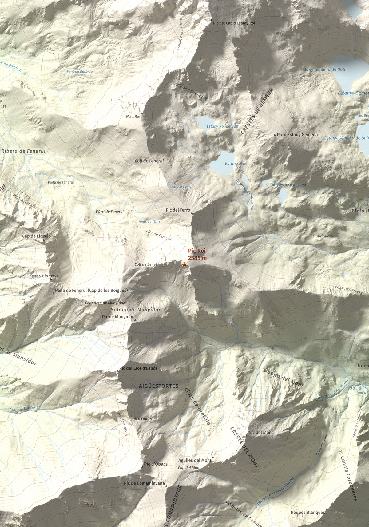 Mapa de relieve de Pic Roi, 2585 m, Alta Ribagorça, lámina 100 Cims de Trobart. Detalle de la zona central. 70 × 100 cm.