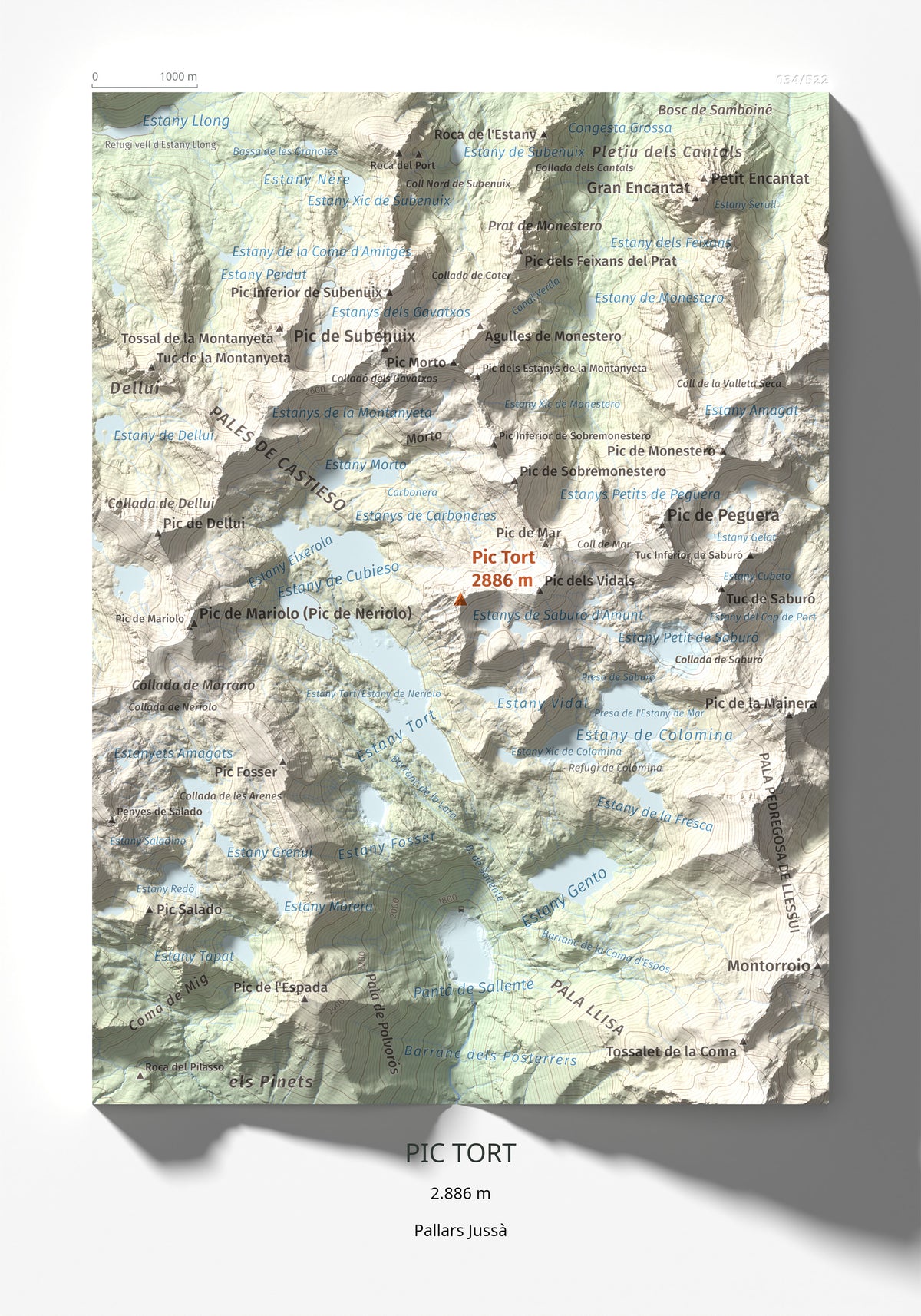 Mapa de relieve de Pic Tort, 2886 m, Pallars Jussà, lámina 100 Cims de Trobart 21 × 30 cm.