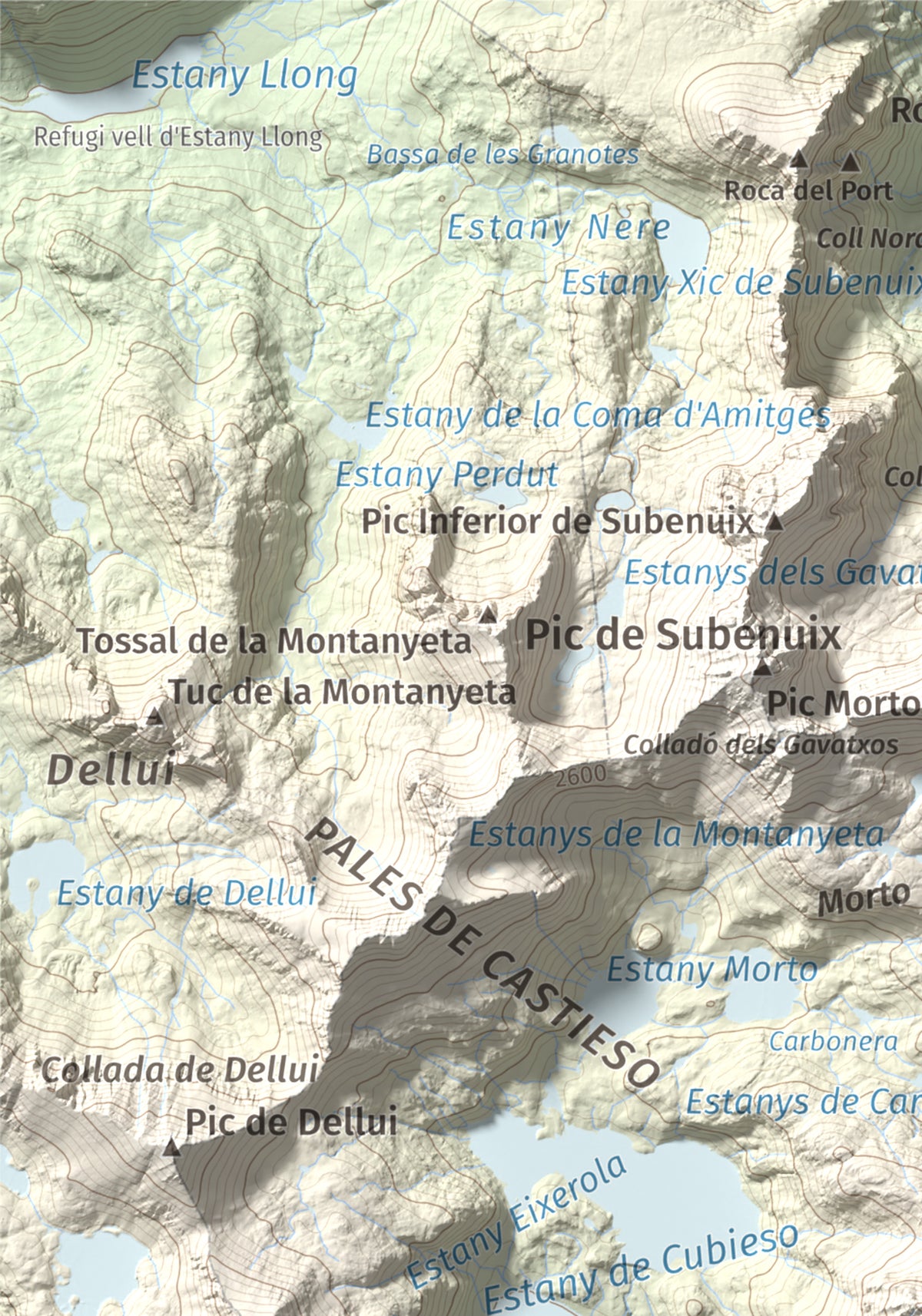 Mapa de relieve de Pic Tort, 2886 m, Pallars Jussà, lámina 100 Cims de Trobart. Detalle de la zona superior izquierda. 21 × 30 cm.