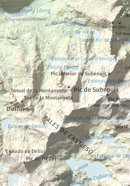 Mapa de relieve de Pic Tort, 2886 m, Pallars Jussà, lámina 100 Cims de Trobart. Detalle de la zona superior izquierda. 21 × 30 cm.