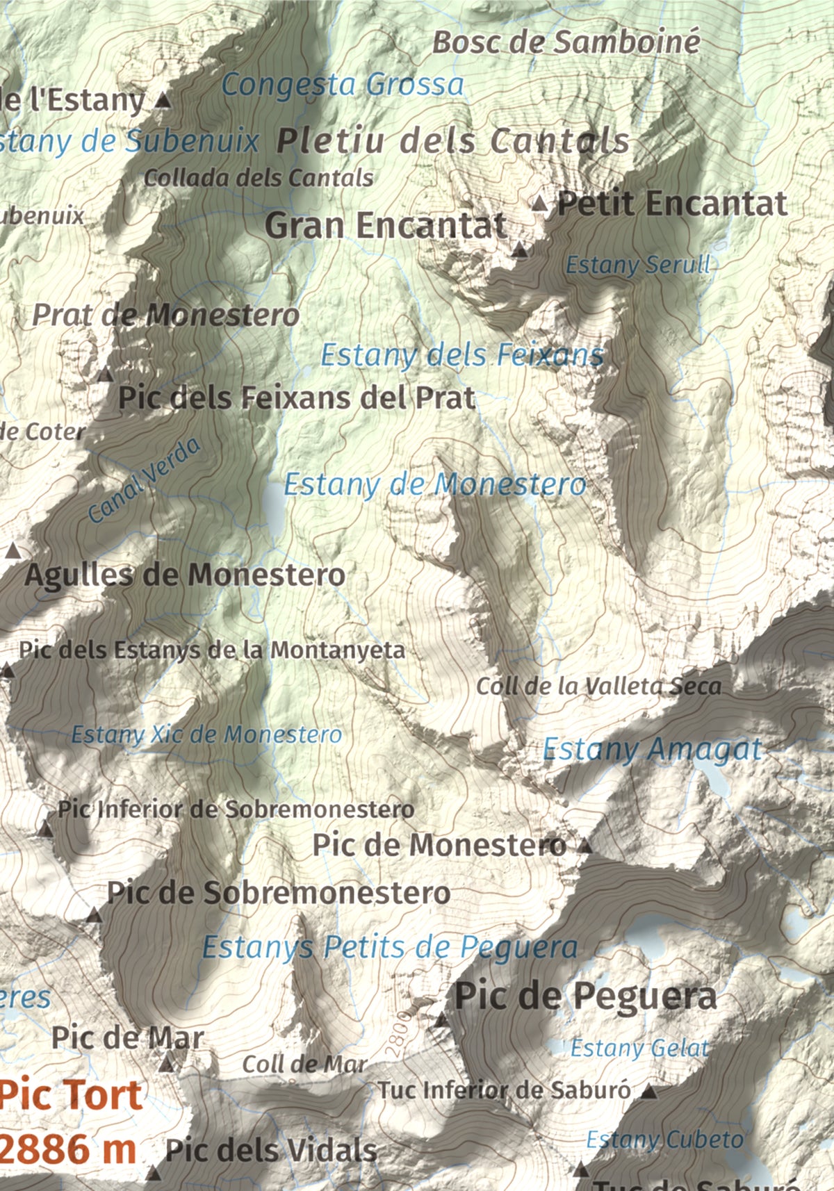 Mapa de relieve de Pic Tort, 2886 m, Pallars Jussà, lámina 100 Cims de Trobart. Detalle de la zona superior derecha. 21 × 30 cm.