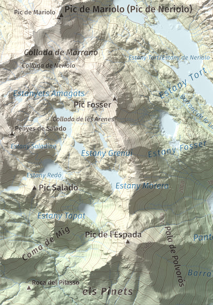 Mapa de relieve de Pic Tort, 2886 m, Pallars Jussà, lámina 100 Cims de Trobart. Detalle de la zona inferior izquierda. 21 × 30 cm.