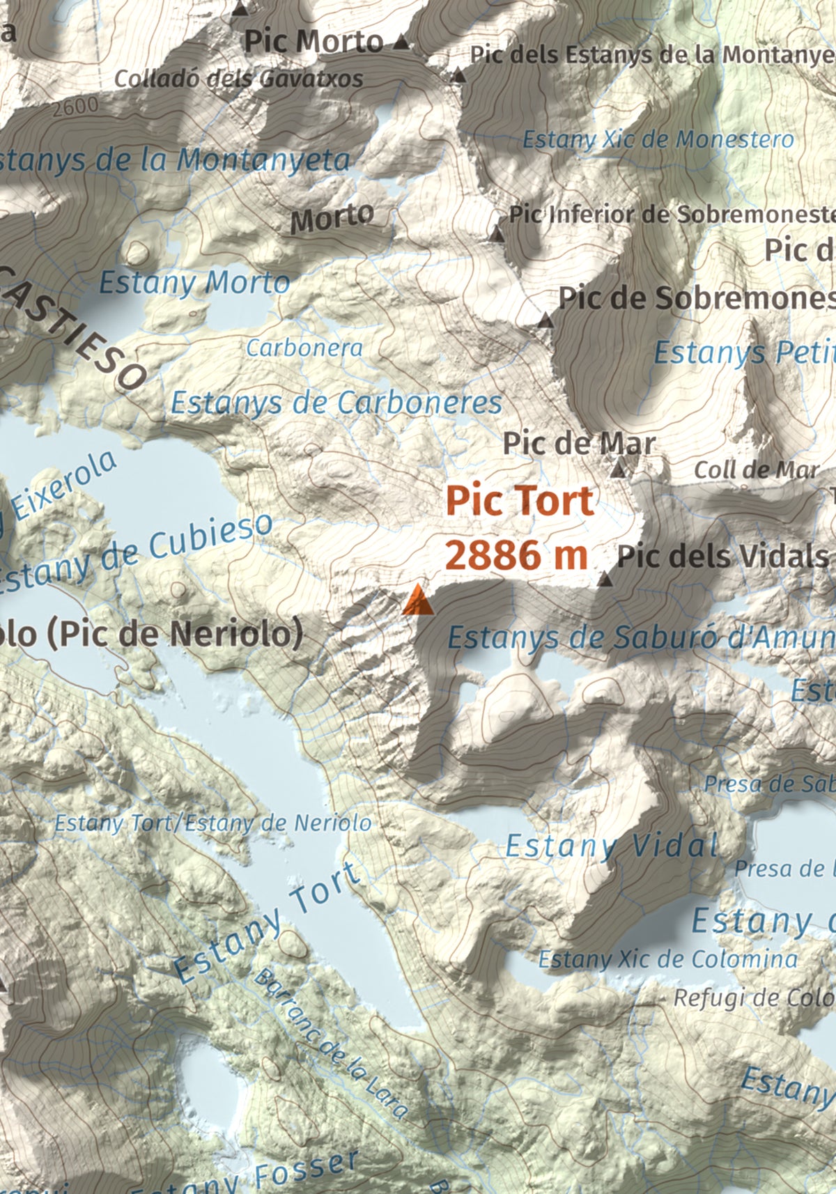 Mapa de relieve de Pic Tort, 2886 m, Pallars Jussà, lámina 100 Cims de Trobart. Detalle de la zona central. 21 × 30 cm.