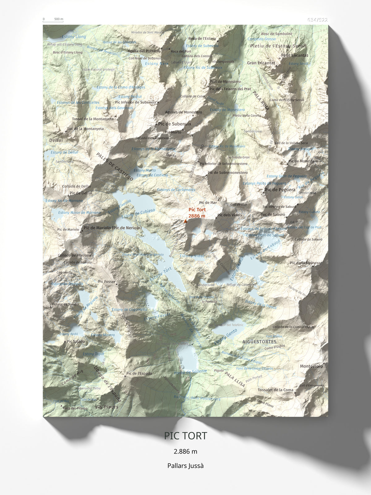 Mapa de relieve de Pic Tort, 2886 m, Pallars Jussà, lámina 100 Cims de Trobart 30 × 40 cm.
