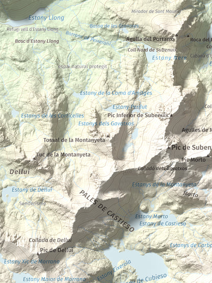 Mapa de relieve de Pic Tort, 2886 m, Pallars Jussà, lámina 100 Cims de Trobart. Detalle de la zona superior izquierda. 30 × 40 cm.