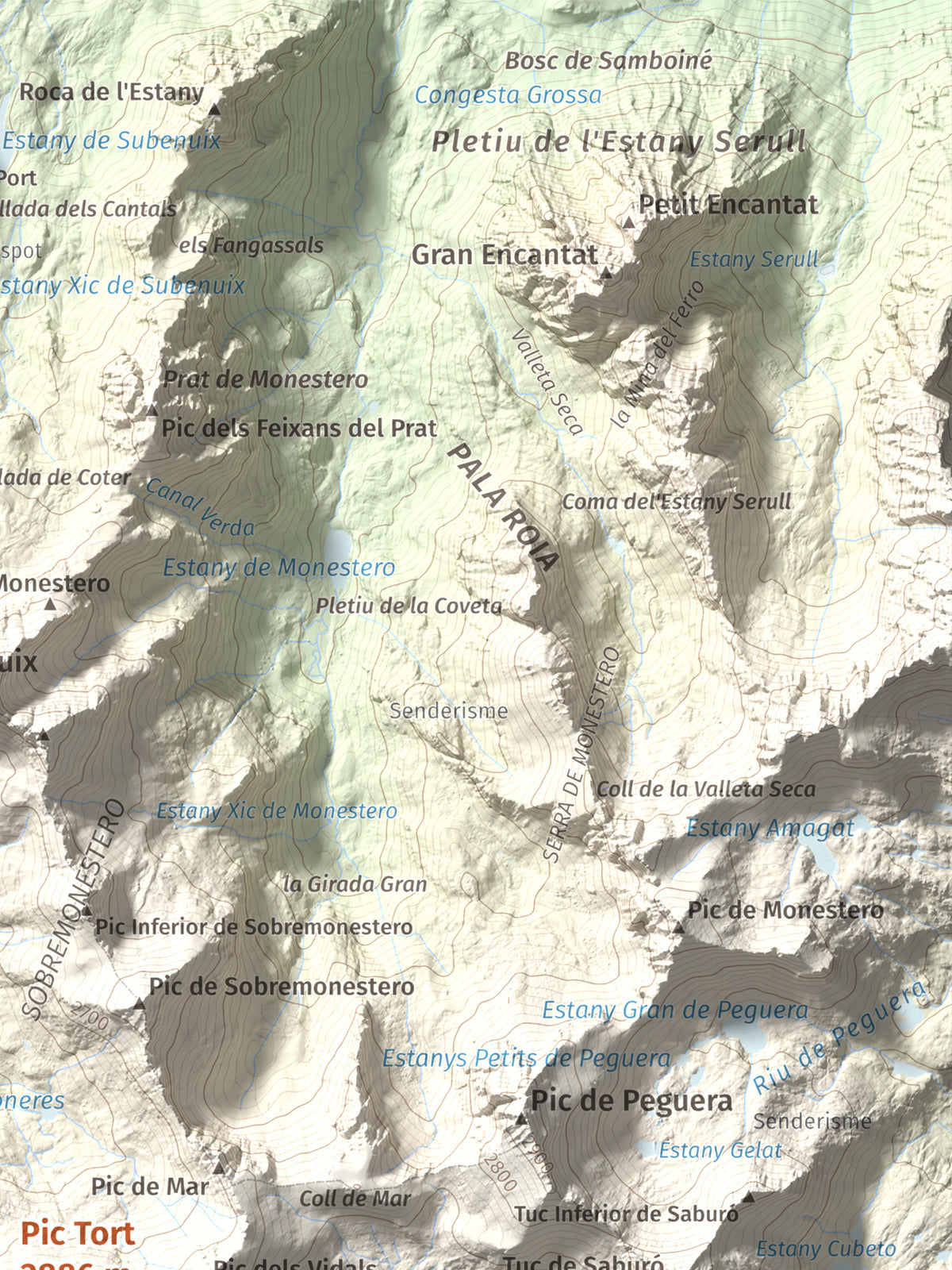 Mapa de relieve de Pic Tort, 2886 m, Pallars Jussà, lámina 100 Cims de Trobart. Detalle de la zona superior derecha. 30 × 40 cm.