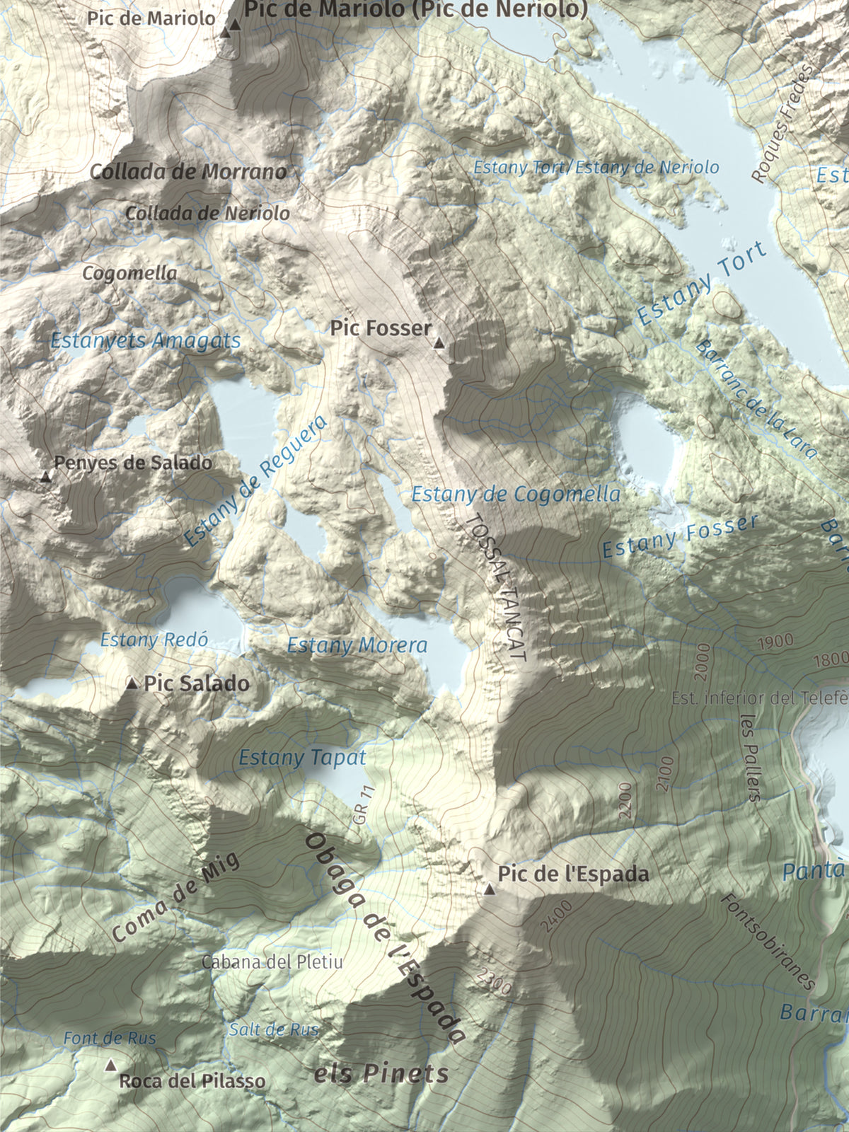 Mapa de relieve de Pic Tort, 2886 m, Pallars Jussà, lámina 100 Cims de Trobart. Detalle de la zona inferior izquierda. 30 × 40 cm.