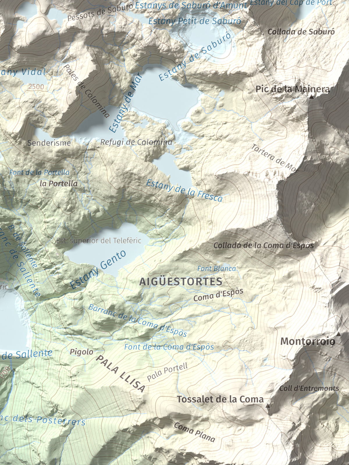 Mapa de relieve de Pic Tort, 2886 m, Pallars Jussà, lámina 100 Cims de Trobart. Detalle de la zona inferior derecha. 30 × 40 cm.