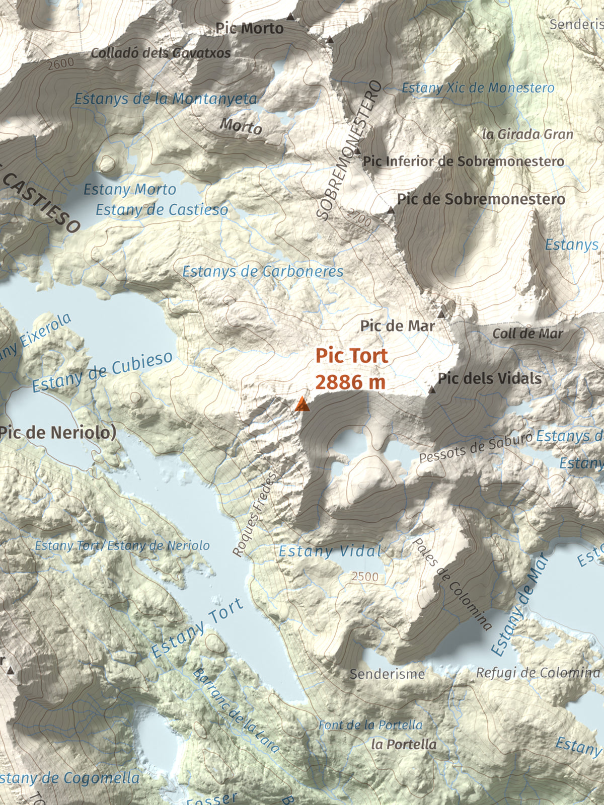 Mapa de relieve de Pic Tort, 2886 m, Pallars Jussà, lámina 100 Cims de Trobart. Detalle de la zona central. 30 × 40 cm.