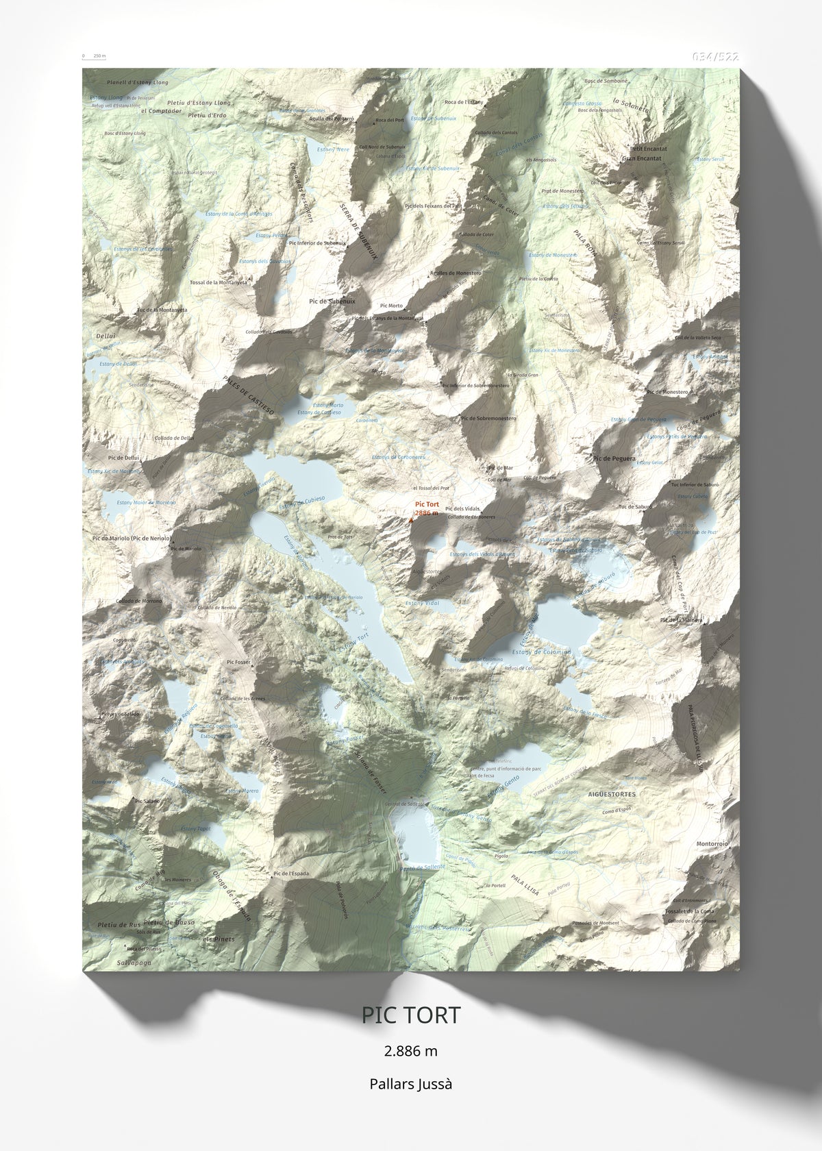 Mapa de relieve de Pic Tort, 2886 m, Pallars Jussà, lámina 100 Cims de Trobart 50 × 70 cm.