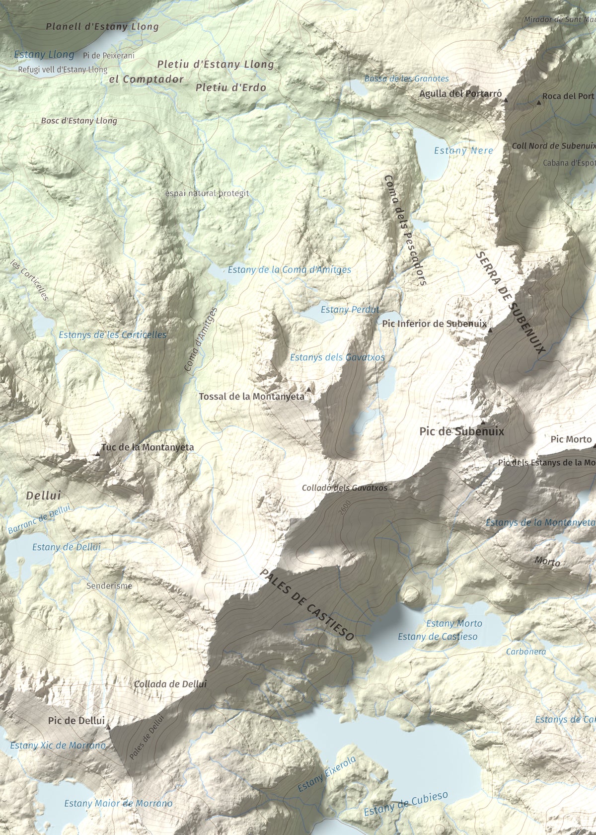 Mapa de relieve de Pic Tort, 2886 m, Pallars Jussà, lámina 100 Cims de Trobart. Detalle de la zona superior izquierda. 50 × 70 cm.