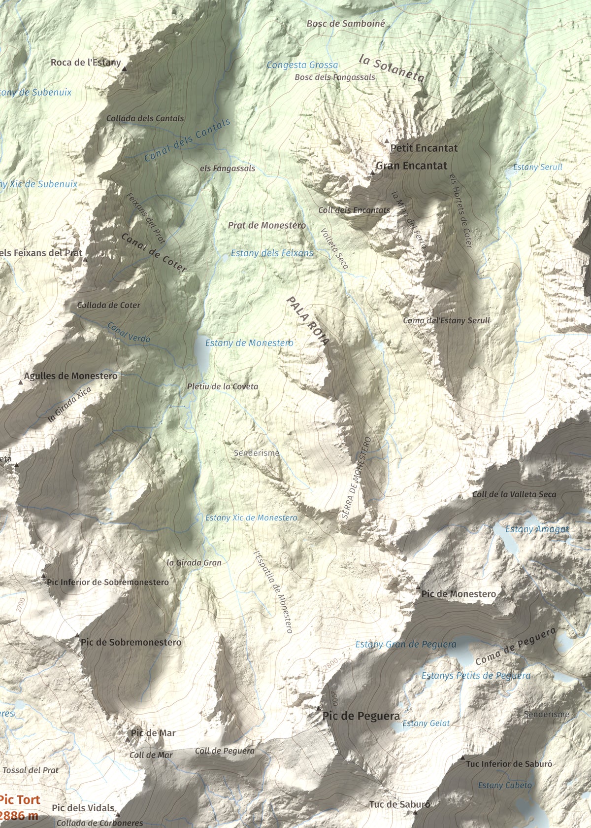 Mapa de relieve de Pic Tort, 2886 m, Pallars Jussà, lámina 100 Cims de Trobart. Detalle de la zona superior derecha. 50 × 70 cm.