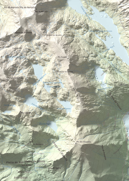 Mapa de relieve de Pic Tort, 2886 m, Pallars Jussà, lámina 100 Cims de Trobart. Detalle de la zona inferior izquierda. 50 × 70 cm.