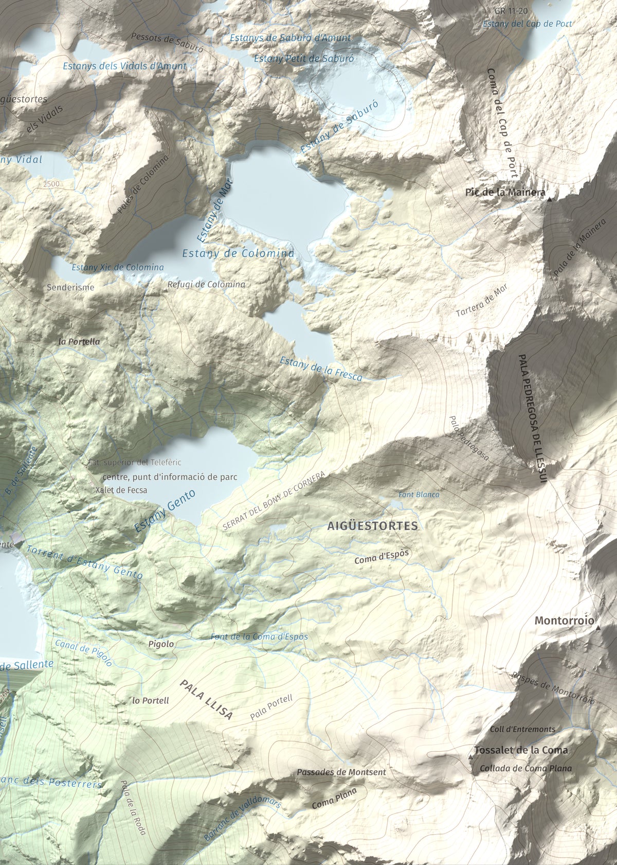 Mapa de relieve de Pic Tort, 2886 m, Pallars Jussà, lámina 100 Cims de Trobart. Detalle de la zona inferior derecha. 50 × 70 cm.