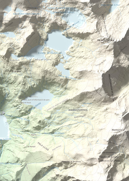 Mapa de relieve de Pic Tort, 2886 m, Pallars Jussà, lámina 100 Cims de Trobart. Detalle de la zona inferior derecha. 50 × 70 cm.