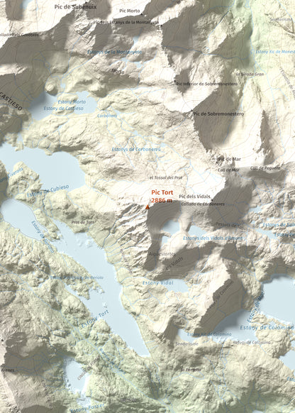 Mapa de relieve de Pic Tort, 2886 m, Pallars Jussà, lámina 100 Cims de Trobart. Detalle de la zona central. 50 × 70 cm.