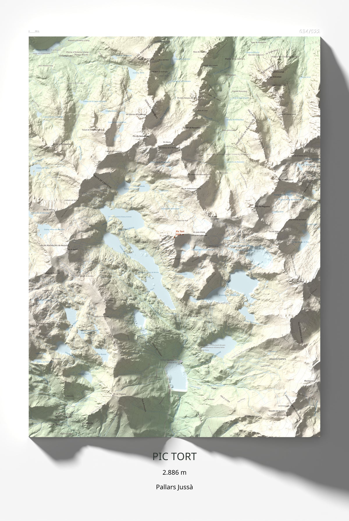 Mapa de relieve de Pic Tort, 2886 m, Pallars Jussà, lámina 100 Cims de Trobart 61 × 91 cm.
