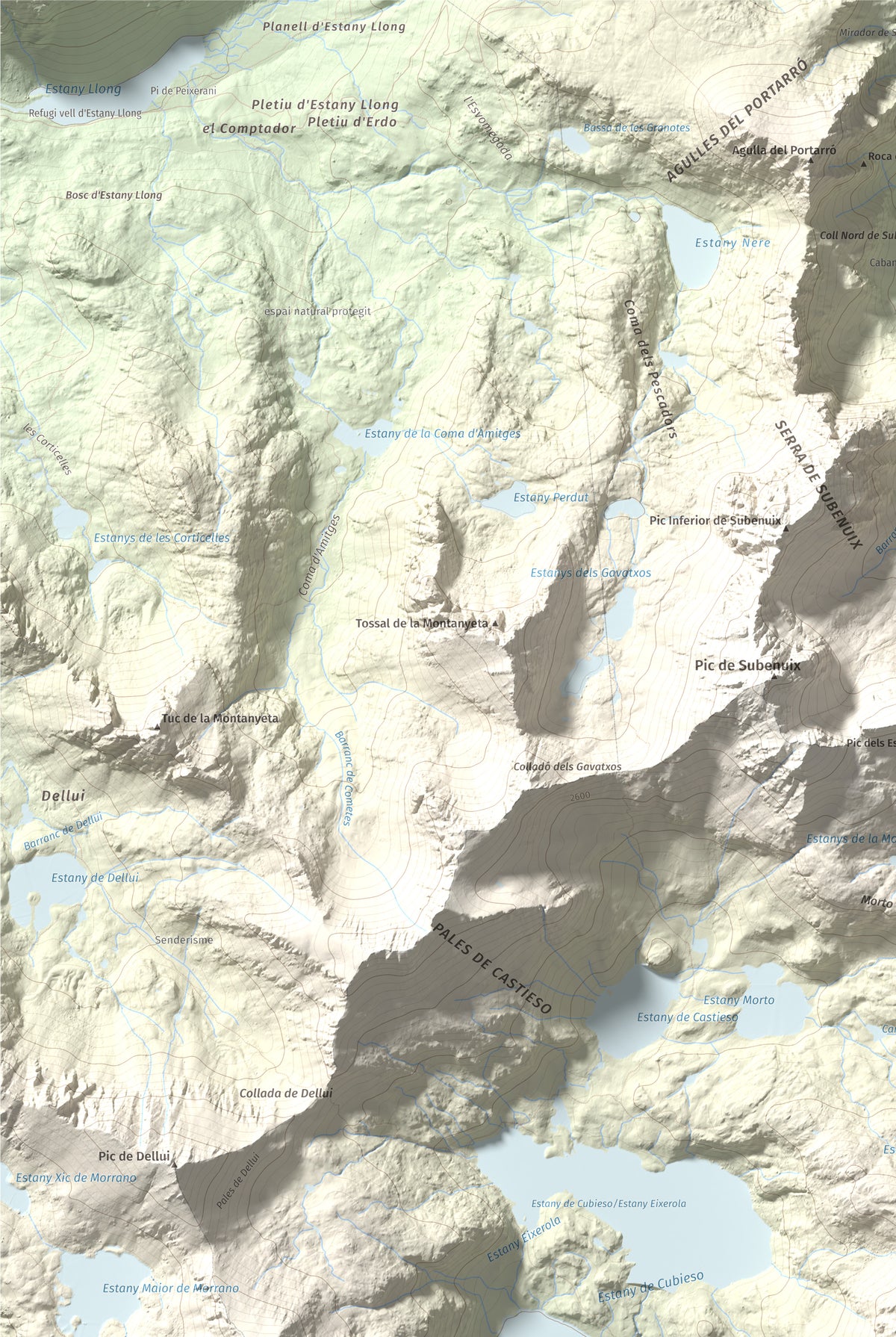 Mapa de relieve de Pic Tort, 2886 m, Pallars Jussà, lámina 100 Cims de Trobart. Detalle de la zona superior izquierda. 61 × 91 cm.