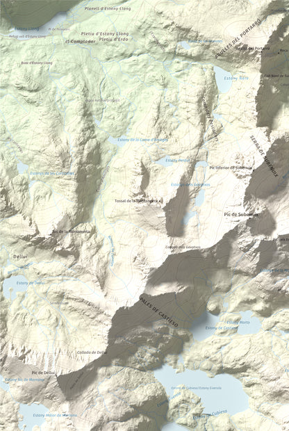 Mapa de relieve de Pic Tort, 2886 m, Pallars Jussà, lámina 100 Cims de Trobart. Detalle de la zona superior izquierda. 61 × 91 cm.
