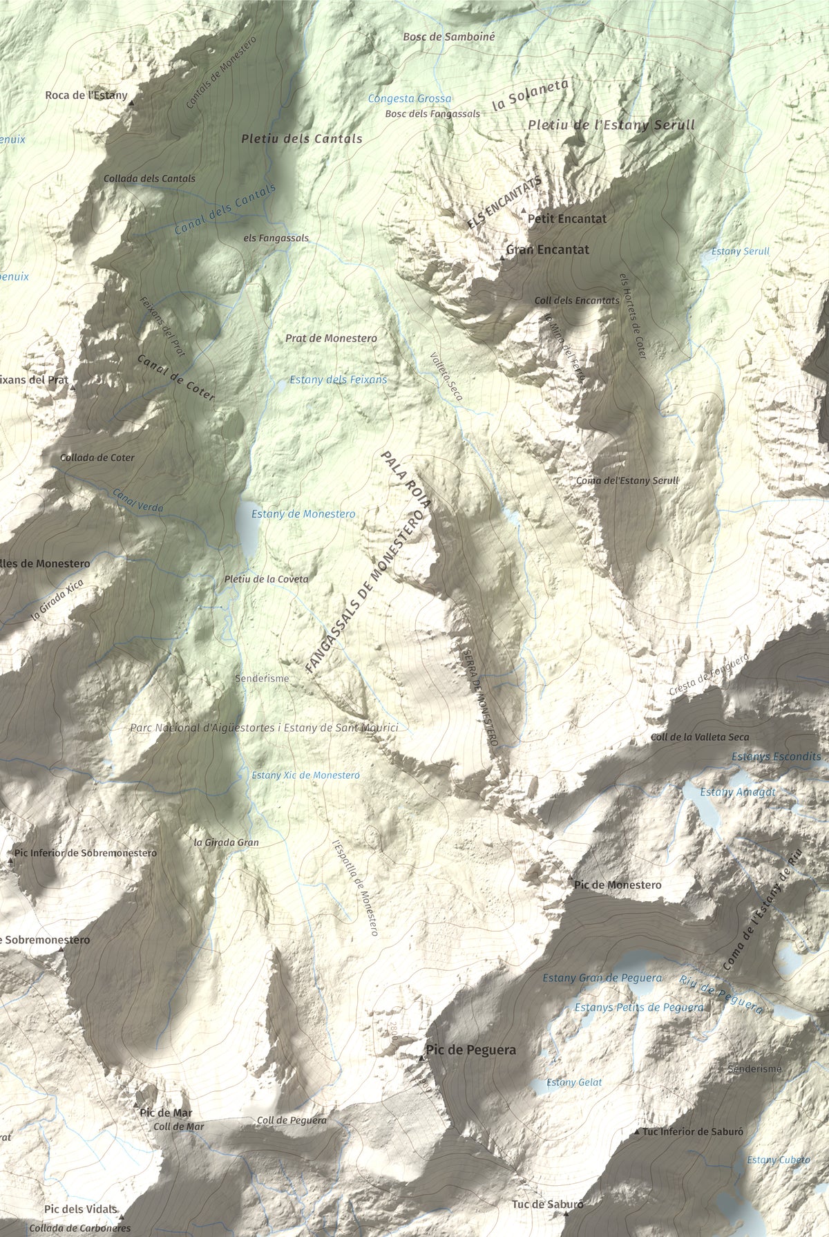 Mapa de relieve de Pic Tort, 2886 m, Pallars Jussà, lámina 100 Cims de Trobart. Detalle de la zona superior derecha. 61 × 91 cm.