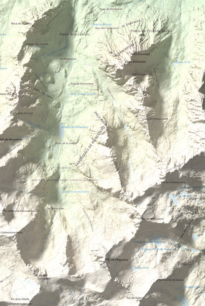 Mapa de relieve de Pic Tort, 2886 m, Pallars Jussà, lámina 100 Cims de Trobart. Detalle de la zona superior derecha. 61 × 91 cm.