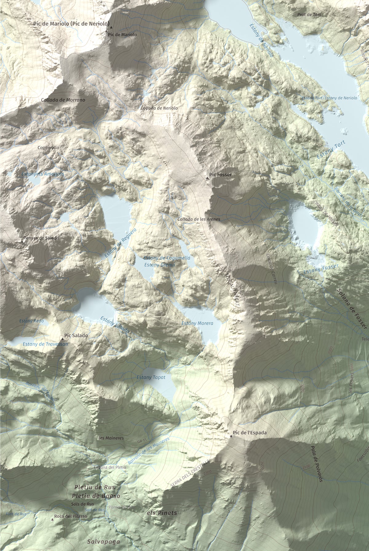 Mapa de relieve de Pic Tort, 2886 m, Pallars Jussà, lámina 100 Cims de Trobart. Detalle de la zona inferior izquierda. 61 × 91 cm.