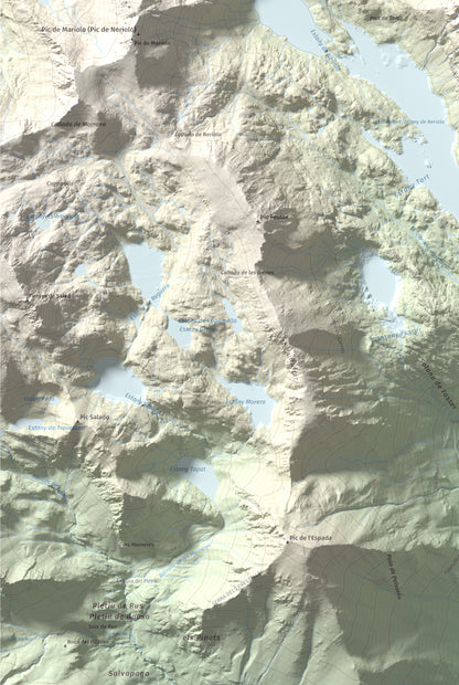 Mapa de relieve de Pic Tort, 2886 m, Pallars Jussà, lámina 100 Cims de Trobart. Detalle de la zona inferior izquierda. 61 × 91 cm.