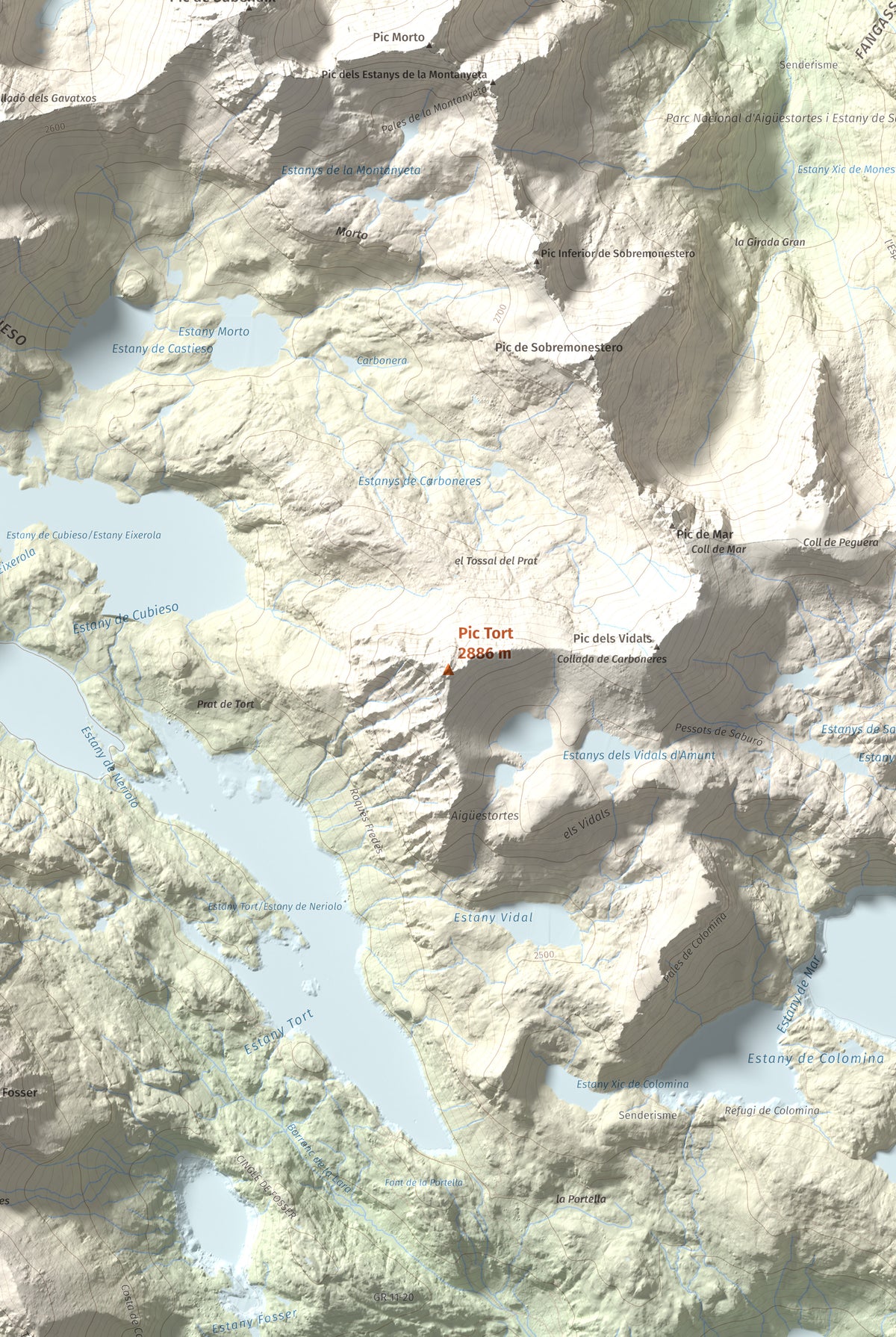 Mapa de relieve de Pic Tort, 2886 m, Pallars Jussà, lámina 100 Cims de Trobart. Detalle de la zona central. 61 × 91 cm.