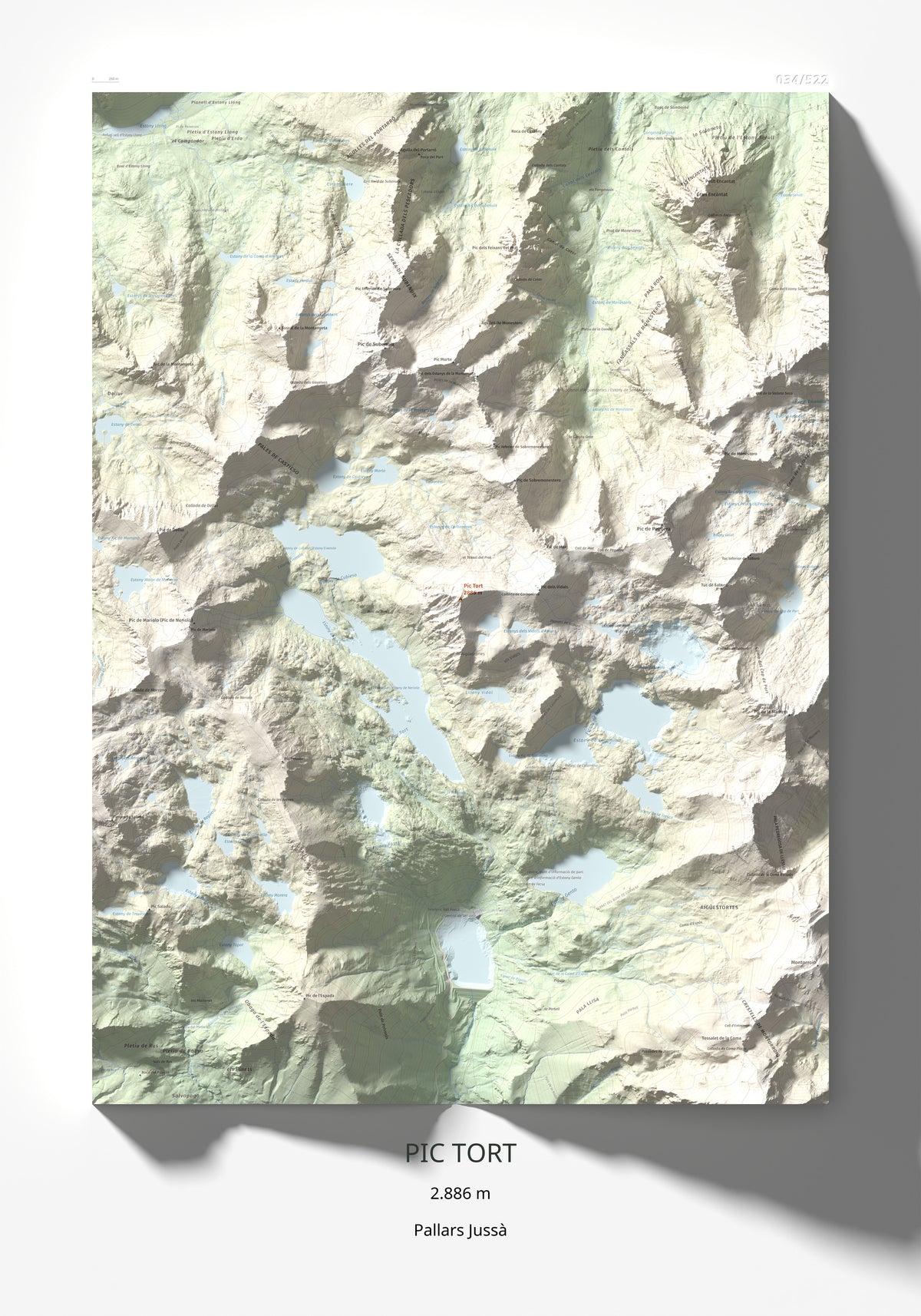 Mapa de relieve de Pic Tort, 2886 m, Pallars Jussà, lámina 100 Cims de Trobart 70 × 100 cm.