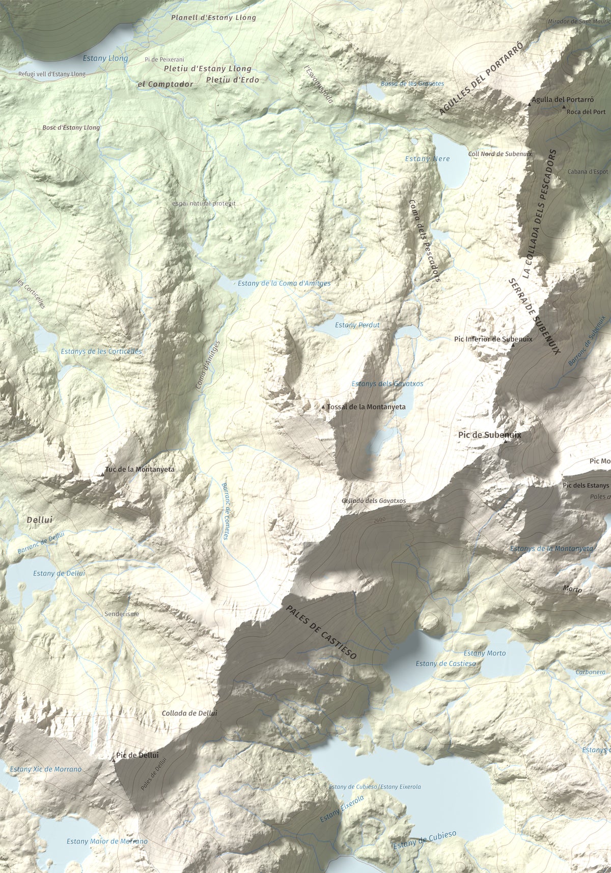 Mapa de relieve de Pic Tort, 2886 m, Pallars Jussà, lámina 100 Cims de Trobart. Detalle de la zona superior izquierda. 70 × 100 cm.