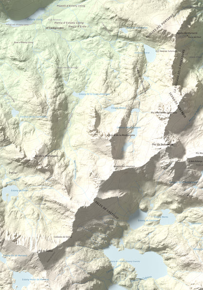 Mapa de relieve de Pic Tort, 2886 m, Pallars Jussà, lámina 100 Cims de Trobart. Detalle de la zona superior izquierda. 70 × 100 cm.
