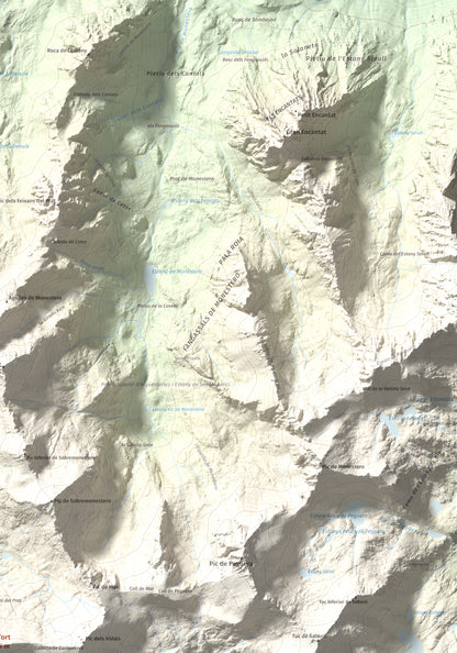 Mapa de relieve de Pic Tort, 2886 m, Pallars Jussà, lámina 100 Cims de Trobart. Detalle de la zona superior derecha. 70 × 100 cm.