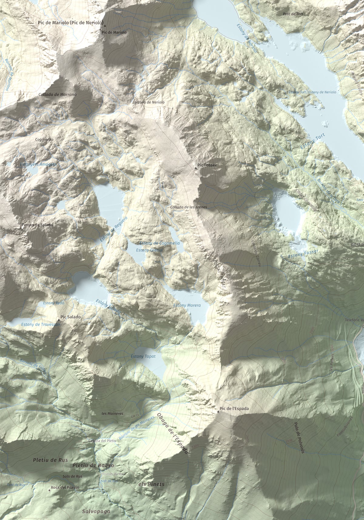 Mapa de relieve de Pic Tort, 2886 m, Pallars Jussà, lámina 100 Cims de Trobart. Detalle de la zona inferior izquierda. 70 × 100 cm.