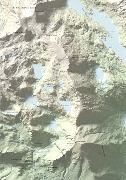 Mapa de relieve de Pic Tort, 2886 m, Pallars Jussà, lámina 100 Cims de Trobart. Detalle de la zona inferior izquierda. 70 × 100 cm.