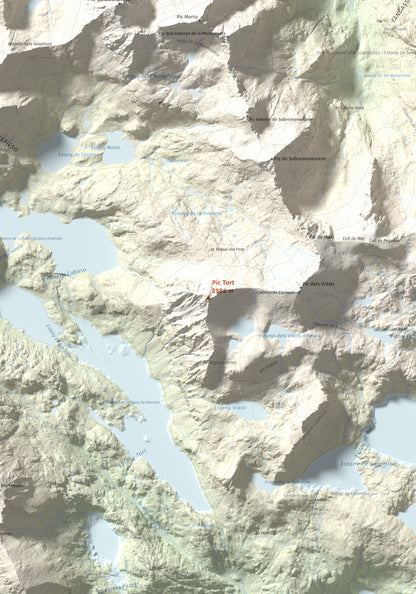 Mapa de relieve de Pic Tort, 2886 m, Pallars Jussà, lámina 100 Cims de Trobart. Detalle de la zona central. 70 × 100 cm.