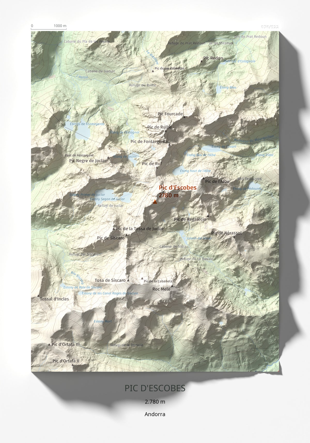 Mapa de relieve de Pic d'Escobes, 2780 m, Andorra, lámina 100 Cims de Trobart 21 × 30 cm.