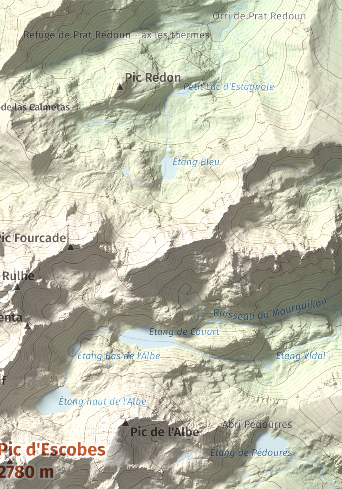 Mapa de relieve de Pic d'Escobes, 2780 m, Andorra, lámina 100 Cims de Trobart. Detalle de la zona superior derecha. 21 × 30 cm.