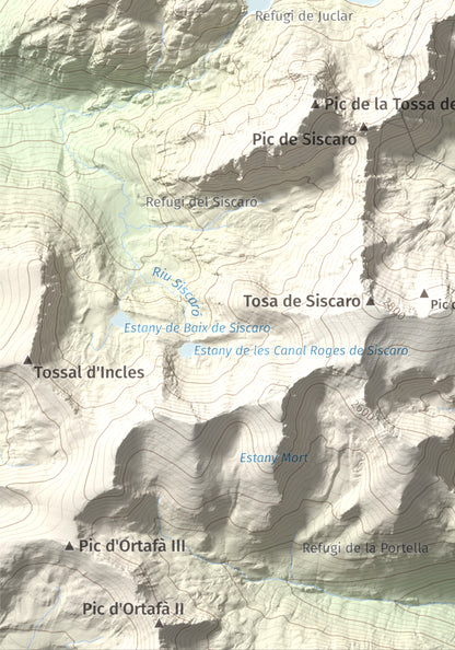 Mapa de relieve de Pic d'Escobes, 2780 m, Andorra, lámina 100 Cims de Trobart. Detalle de la zona inferior izquierda. 21 × 30 cm.