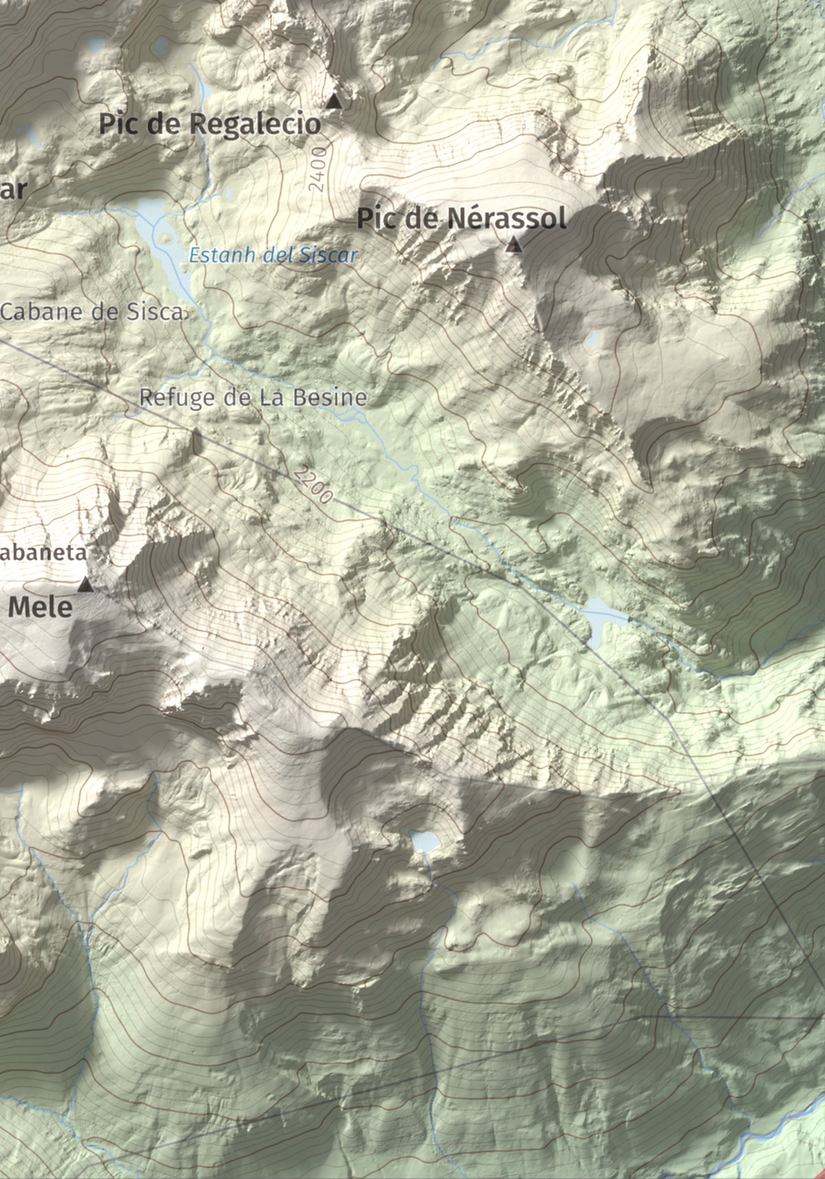 Mapa de relieve de Pic d'Escobes, 2780 m, Andorra, lámina 100 Cims de Trobart. Detalle de la zona inferior derecha. 21 × 30 cm.