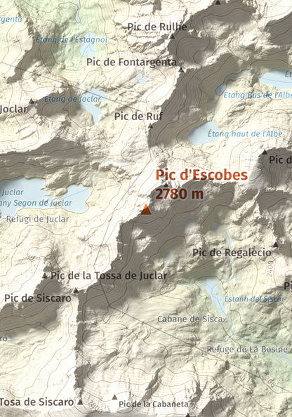 Mapa de relieve de Pic d'Escobes, 2780 m, Andorra, lámina 100 Cims de Trobart. Detalle de la zona central. 21 × 30 cm.