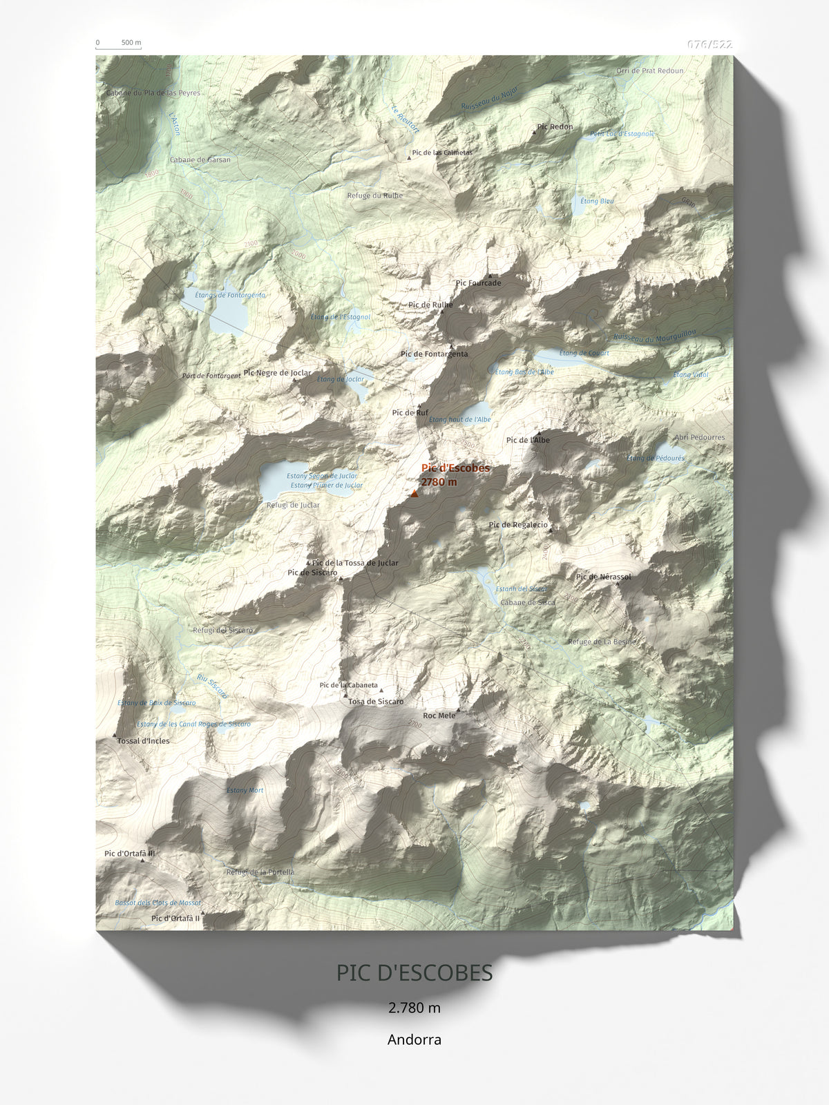 Mapa de relieve de Pic d'Escobes, 2780 m, Andorra, lámina 100 Cims de Trobart 30 × 40 cm.
