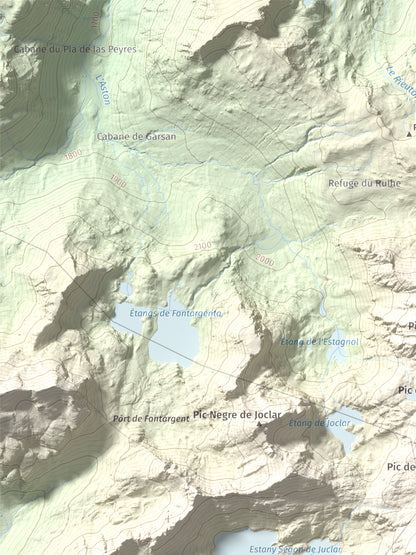 Mapa de relieve de Pic d'Escobes, 2780 m, Andorra, lámina 100 Cims de Trobart. Detalle de la zona superior izquierda. 30 × 40 cm.