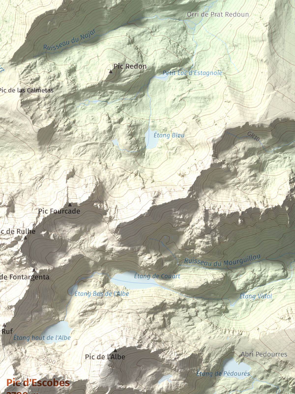 Mapa de relieve de Pic d'Escobes, 2780 m, Andorra, lámina 100 Cims de Trobart. Detalle de la zona superior derecha. 30 × 40 cm.