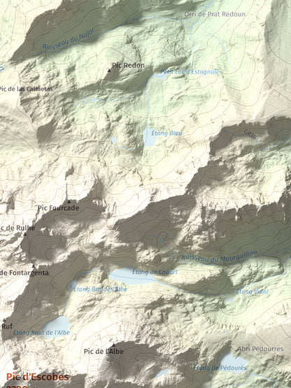 Mapa de relieve de Pic d'Escobes, 2780 m, Andorra, lámina 100 Cims de Trobart. Detalle de la zona superior derecha. 30 × 40 cm.