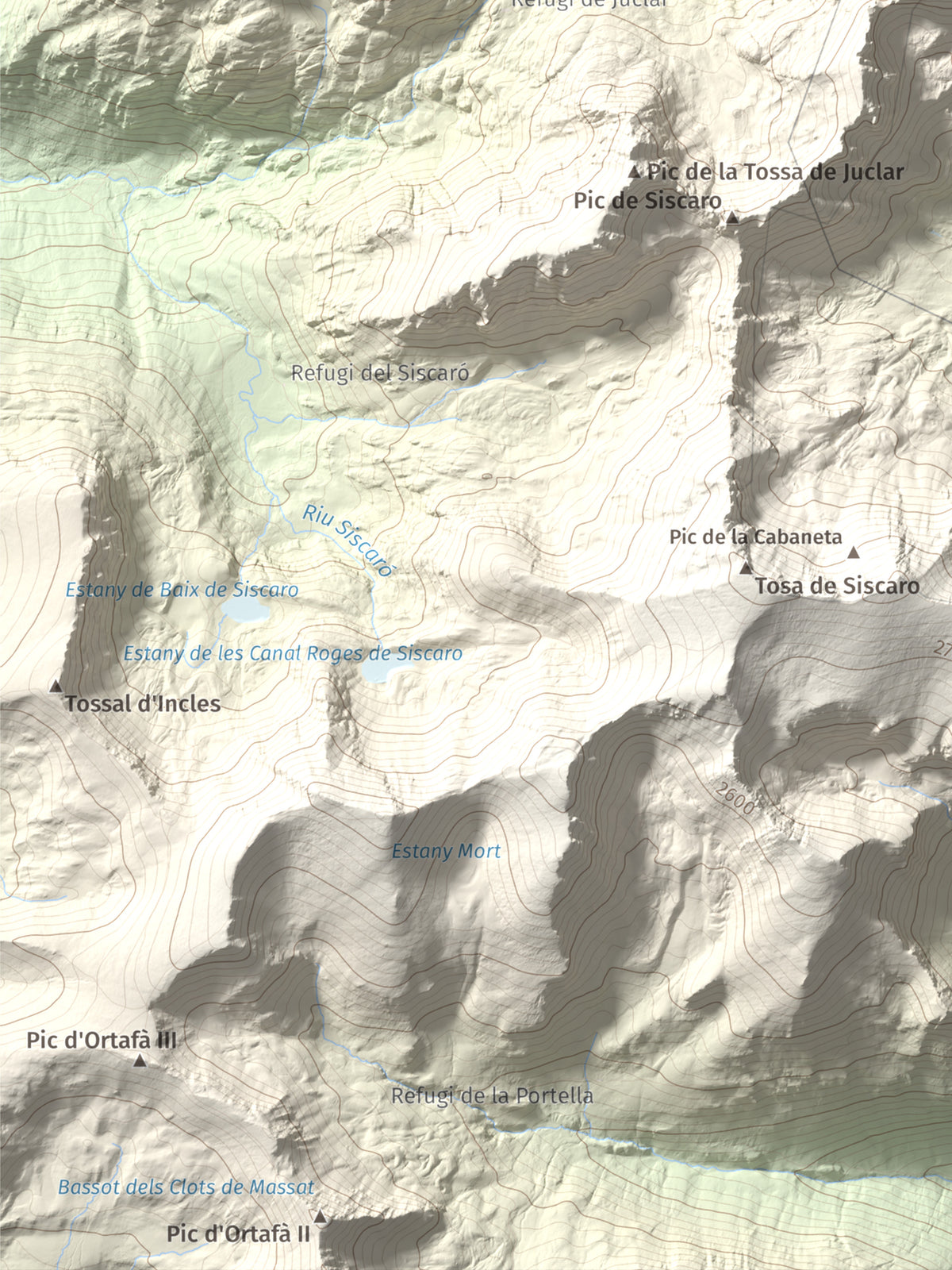 Mapa de relieve de Pic d'Escobes, 2780 m, Andorra, lámina 100 Cims de Trobart. Detalle de la zona inferior izquierda. 30 × 40 cm.