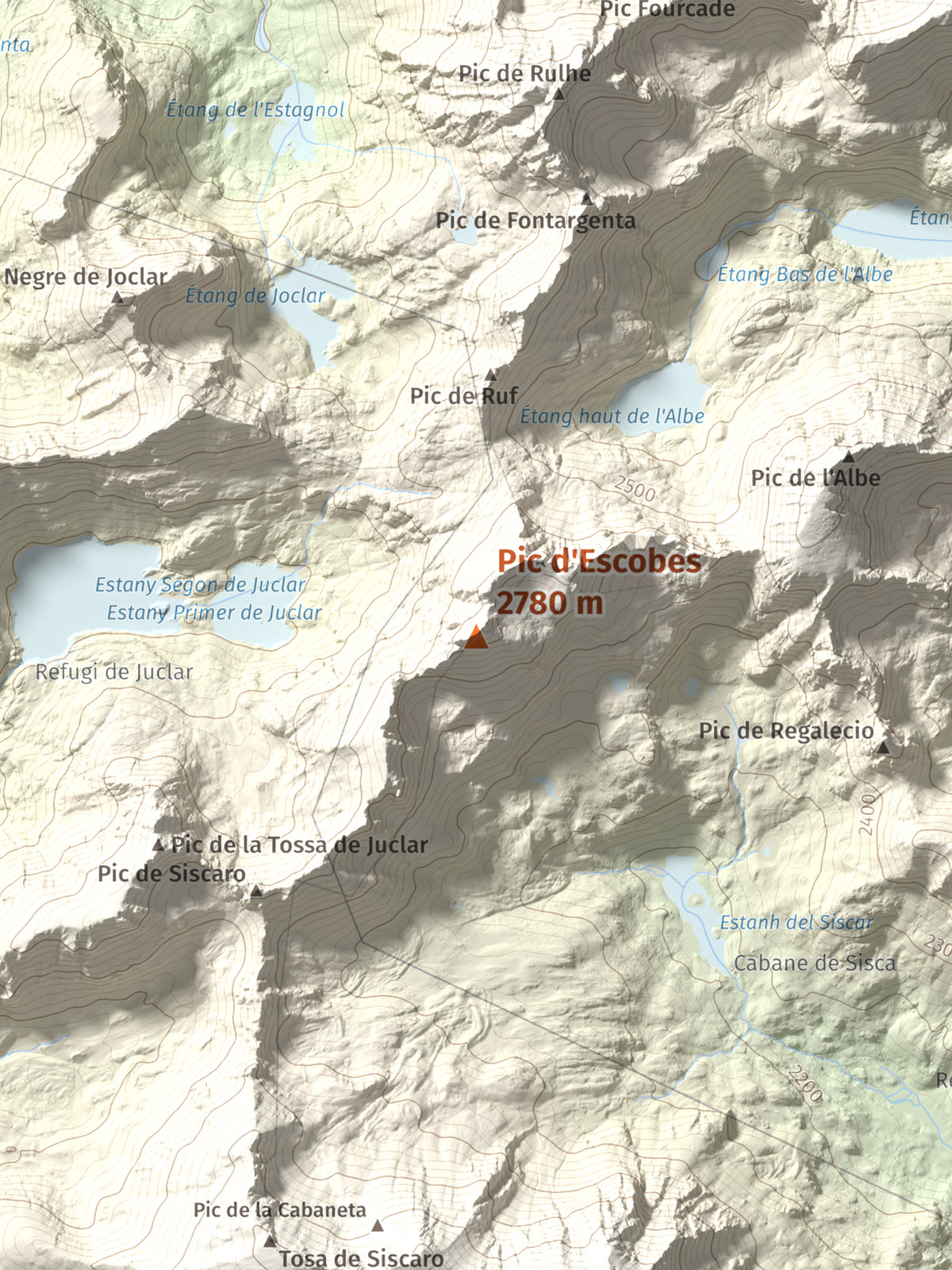 Mapa de relieve de Pic d'Escobes, 2780 m, Andorra, lámina 100 Cims de Trobart. Detalle de la zona central. 30 × 40 cm.